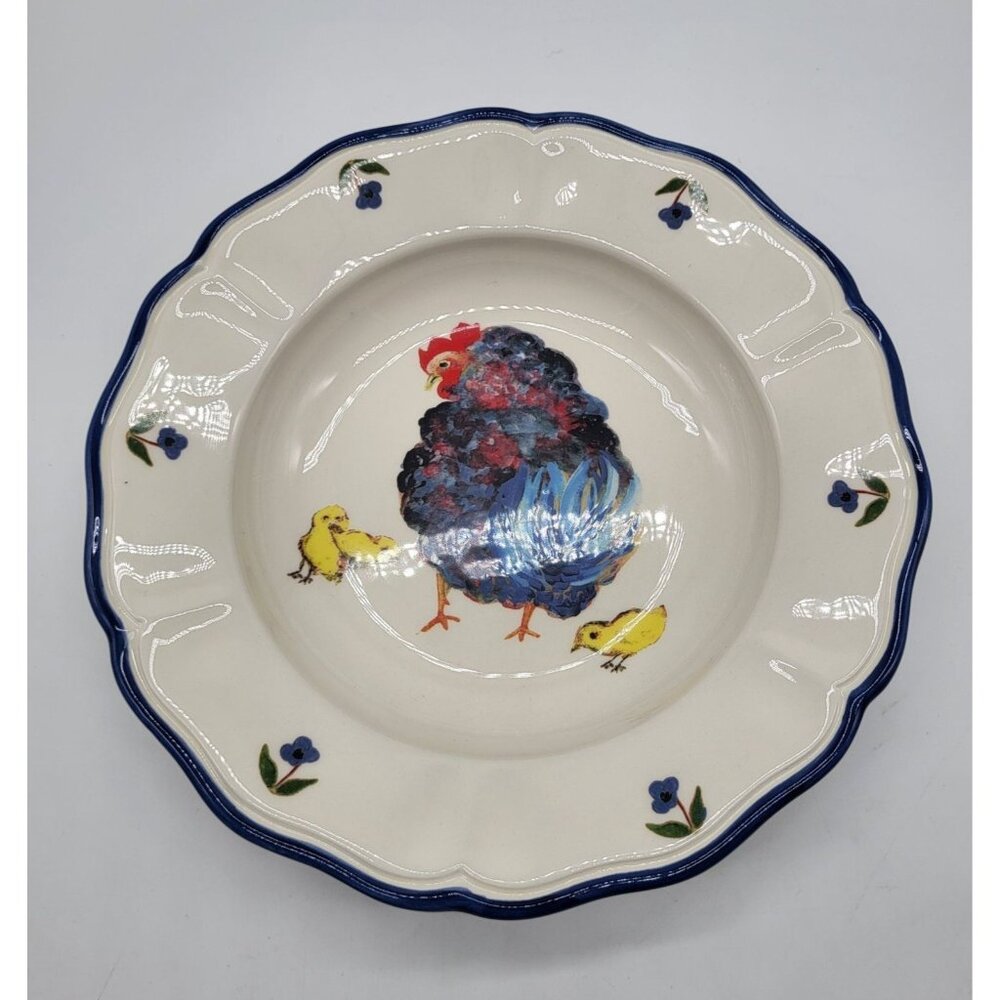 Sur La Table x Jacques Pépin Large Rim Soup Bowl Blue Chickens Rooster Farm
